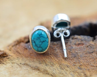 Blue Turquoise 925 Solid Sterling Silver Oval Stud Earring