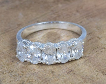 White Topaz Ring: 925 Sterling Silver, April Birthstone, 5-Stone Design