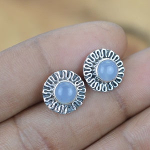 Blue Chalcedony 925 Sterling Silver Gemstone Stud Earring