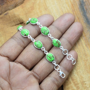 Green Copper Turquoise 925 Sterling Silver Adjustable Bracelet ~Handmade Jewelry ~Oval Shape Bracelet ~Gift For Christmas~ 10 Stone Jewelry