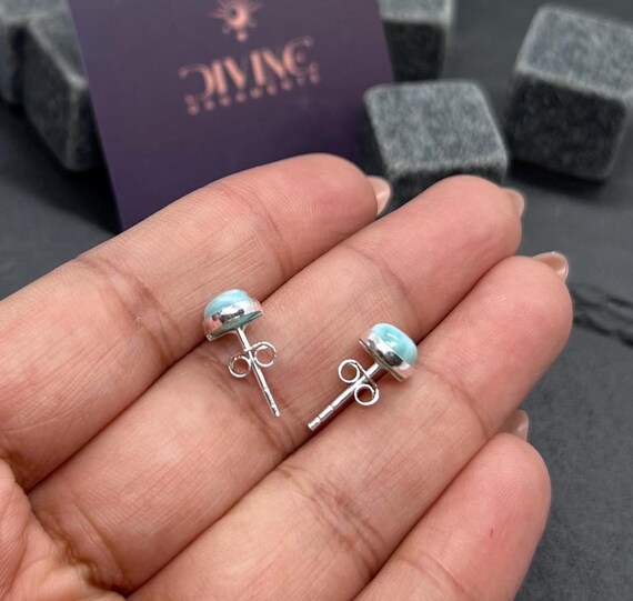 Natural Larimar 925 Sterling Silver Stud Earrings – Ocean Blue Round Cabochon (10x14mm, 9.4 TCW) – Made In Dominican Republic
