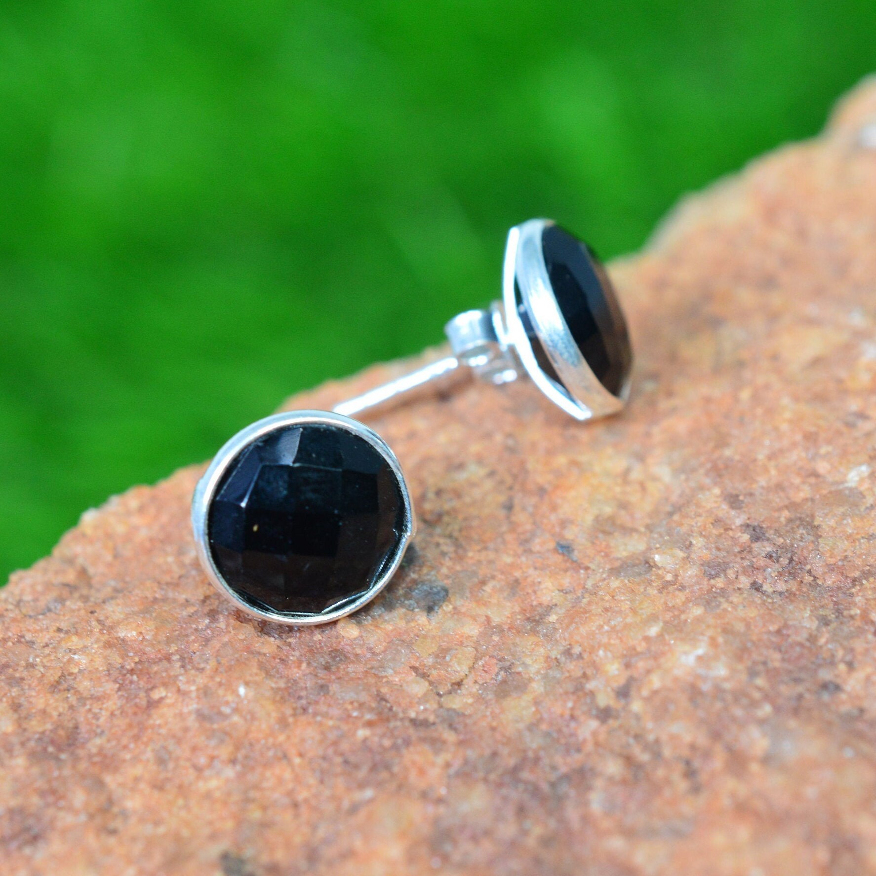 Black Onyx 925 Sterling Silver Round Shape Gemstone Stud