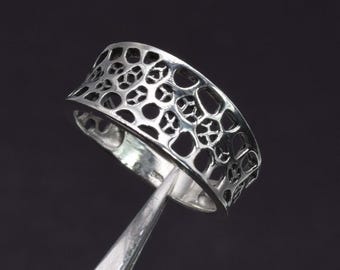 925 Sterling Silver Geometric Cutout Honeycomb Design Ring, Boho Lightweight Silver Band
