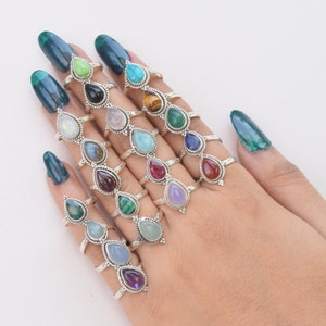 925 Sterling Silver Larimar / Onyx / Tiger&#39;s Eye / Chalcedony / Turquoise / Labradorite / Amethyst Natural Stone Pear Designer Silver Ring