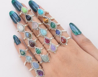925 Sterling Silver Larimar / Onyx / Tiger&#39;s Eye / Chalcedony / Turquoise / Labradorite / Amethyst Natural Stone Pear Designer Silver Ring
