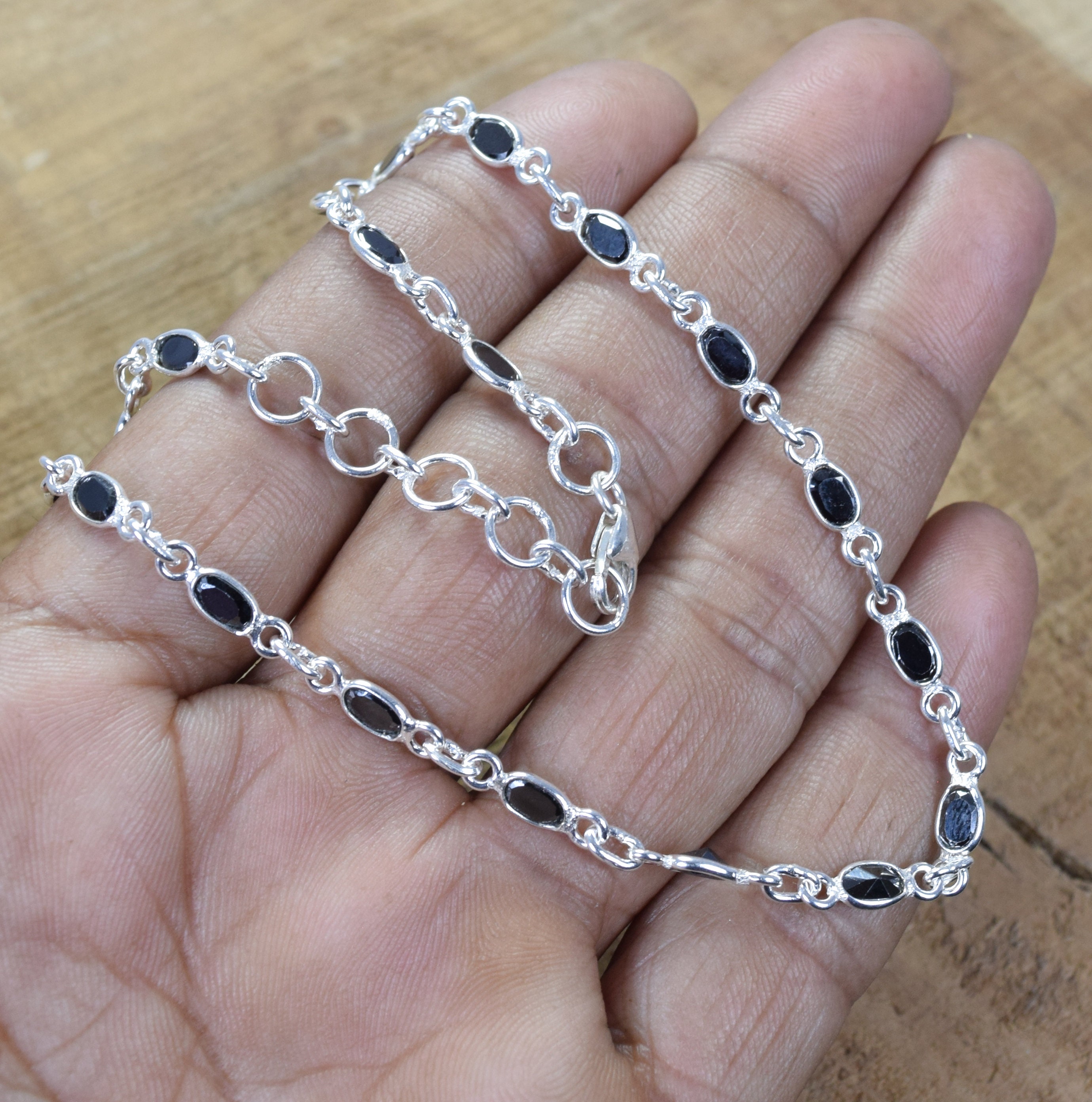 Black Onyx Anklet 925 Sterling Silver Faceted Natural