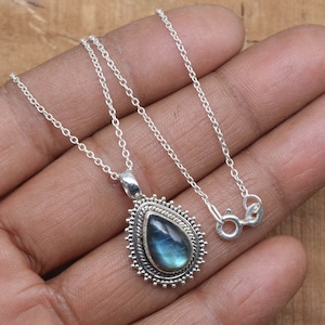 Handmade Pear Labradorite Pendant, 925 Sterling Silver Chain Necklace