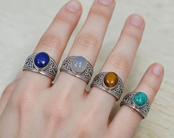 925 Sterling Silver Gemstone Bali Filigree Statement Ring, Labradorite, Larimar, Amethyst, Onyx and Others