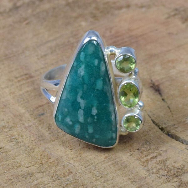 Amazonite 925 Sterling Silver Natural Multi Gemstone Elegant Ring ~ Green Peridot ~ Amazonite ~ Gift For Christmas ~ Ring Size US- 10/ UK- T