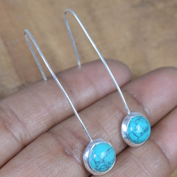 Blue Turquoise 925 Sterling Silver Round 1 PAIR Wire Earring ~ December Birthstone ~ Blue Earring ~ Handmade Jewelry ~ Gift For Anniversary