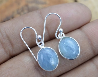 Aquamarine 925 Sterling Silver Oval Shape Gemstone Bezel Setting Hook Earring