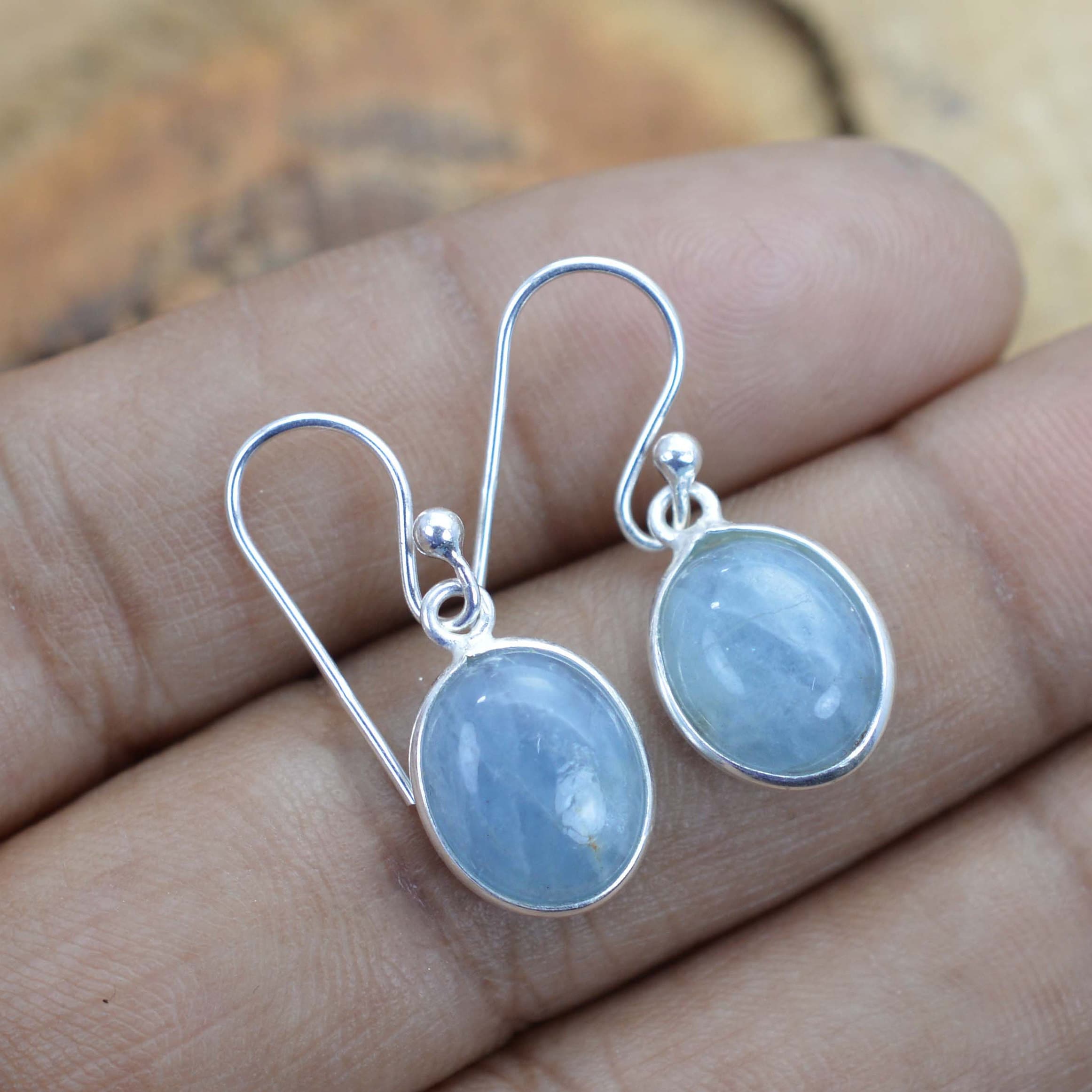 Aquamarine 925 Sterling Silver Oval Shape Gemstone Bezel Setting Hook Earring