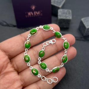 Green Copper Turquoise 925 Sterling Silver Adjustable Bracelet ~Handmade Jewelry ~Oval Shape Bracelet ~Gift For Christmas~ 11 Stone Jewelry