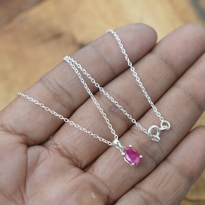 Red Ruby Sterling Silver Pendant Necklace - Delicate Chain