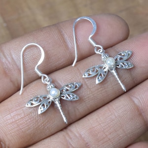 Freshwater Pearl Dragonfly Earrings: 925 Sterling Silver, June Birthstone