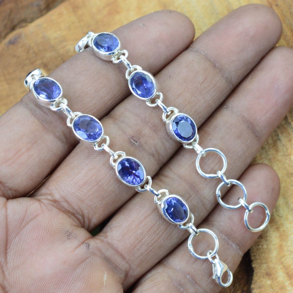 Blue Iolite 925 Sterling Silver Gemstone Faceted Oval Adjustable Bracelet ~ Handmade Jewelry ~ Iolite ~Gift For Christmas ~ 10 Stone Jewelry