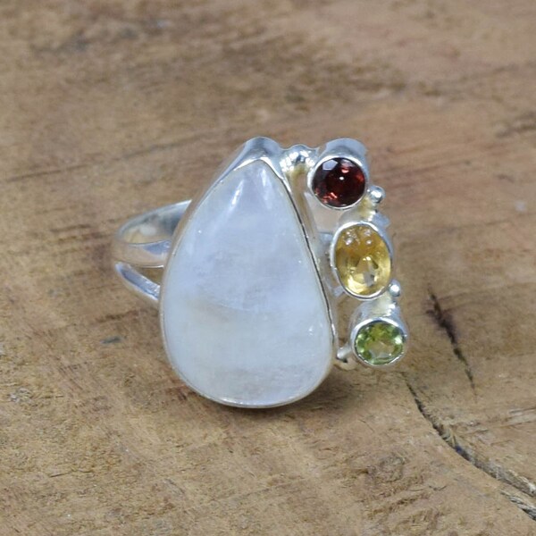 White Rainbow Moonstone 925 Sterling Silver Multi Gemstone Peridot Ring ~ Garnet ~ Citrine ~ Gift For Birthday ~ Ring Size US- 10 / UK- T