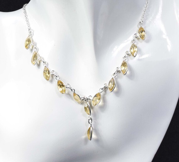 Collier Citrine Marquise Fait Main - Pierre Lab-created, Chaîne 18 Pouces, Plaqué Argent, Fabriqué En Inde