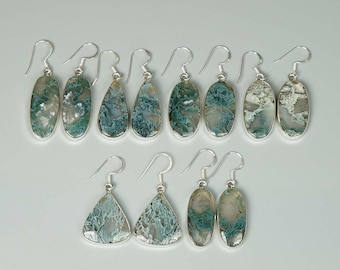 Moss Agate 925 Sterling Silver Earrings, Natural Tree Agate Gemstone Jewelry, Statement Dangles