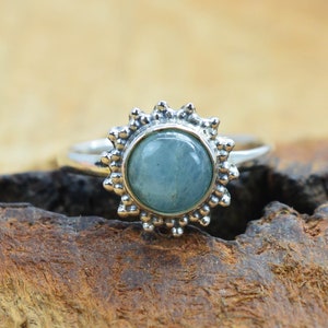 Aquamarine 925 Sterling Silver Round Flower Gemstone Ring