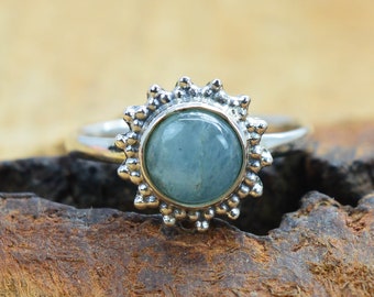 Aquamarine 925 Sterling Silver Round Flower Gemstone Ring