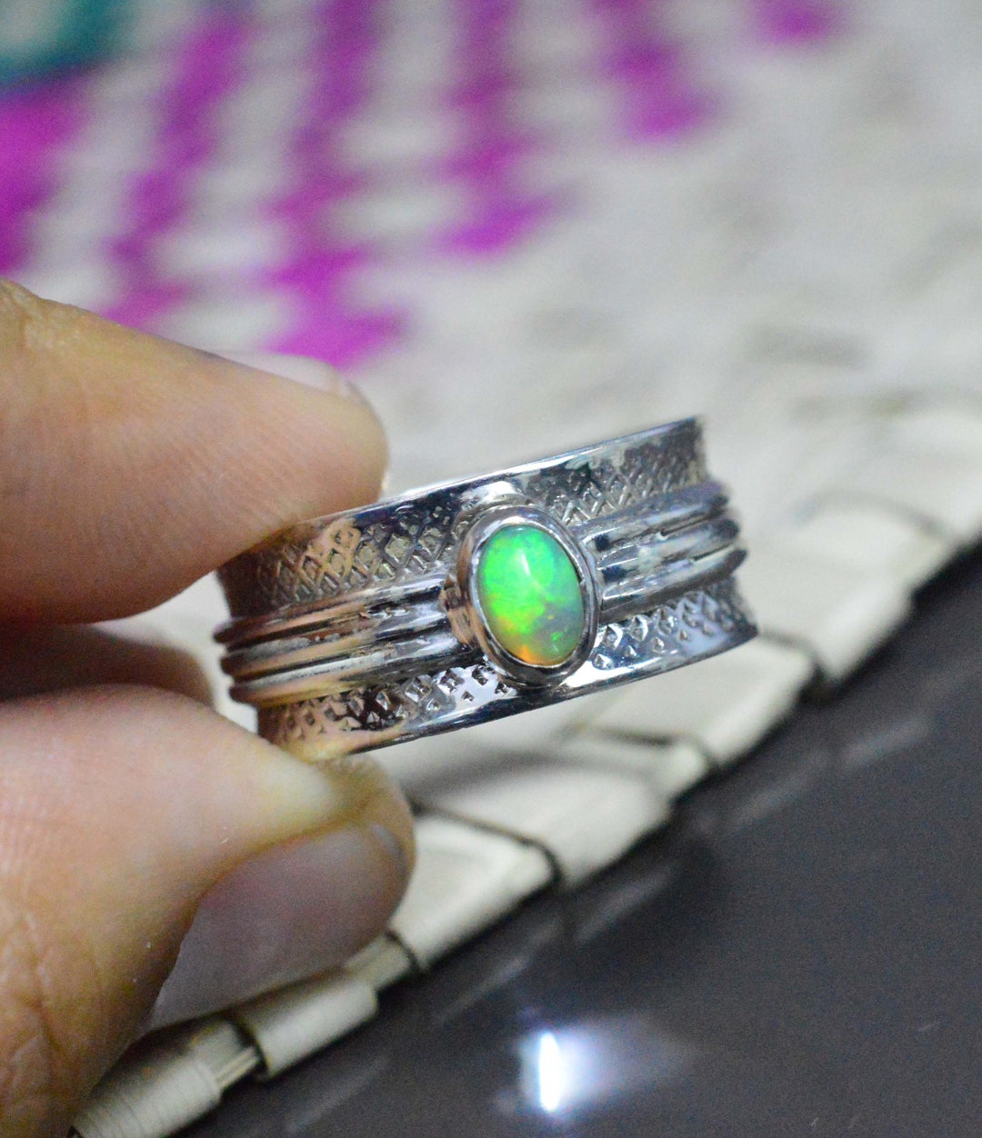thumbnail image 2 of Handmade Moonstone & Opal Ring – 925 Sterling Silver With Natural Ethiopian Opal, Pear Shape (All Sizes) 2 of 3