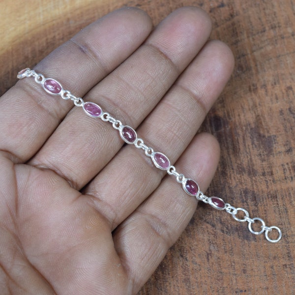 Pink Tourmaline 925 Sterling Silver Natural Gemstone Adjustable Bezel Bracelet ~ October Birthstone ~ Gift For Birthday ~ 12 Stone Bracelet