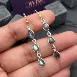 Labradorite 925 Silver Black Moonstone Gemstone Hook Earring