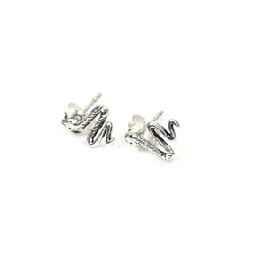 May include: A pair of silver-colored snake stud earrings. The earrings are in the shape of a stylized snake with textured detailing. The earrings are displayed on a white background.
