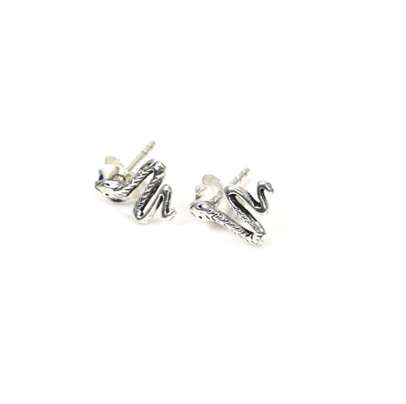 May include: A pair of silver-colored snake stud earrings. The earrings are in the shape of a stylized snake with textured detailing. The earrings are displayed on a white background.