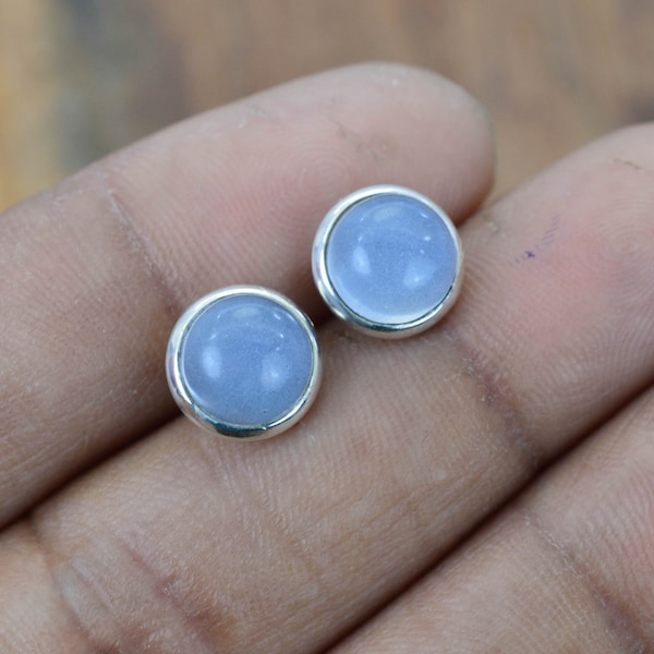 Blue Chalcedony 925 Sterling Silver Gemstone Stud Earring