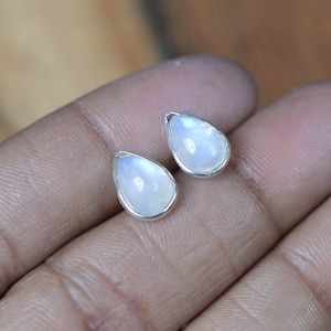 White Rainbow Moonstone 925 Sterling Silver Pear Shape Stud Earring
