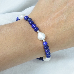 Blue Lapis Lazuli 925 Sterling Silver Beaded Gemstone Pearl Bracelet ~ September Month Birthstone ~ Handmade Jewelry ~ Gift For Birthday
