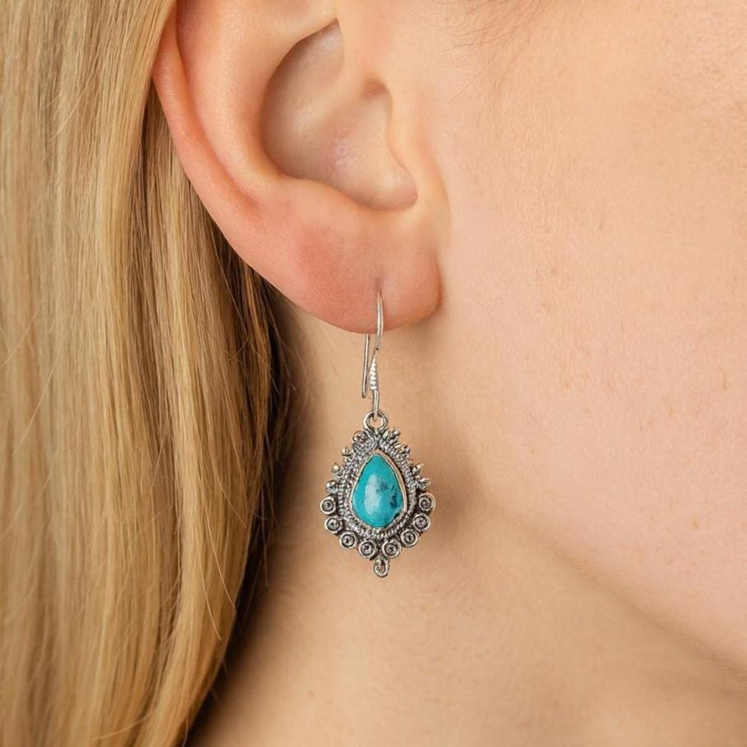 Boucles D'oreilles Pendantes Femme - Cristal Turquoise Et Strass Argent
