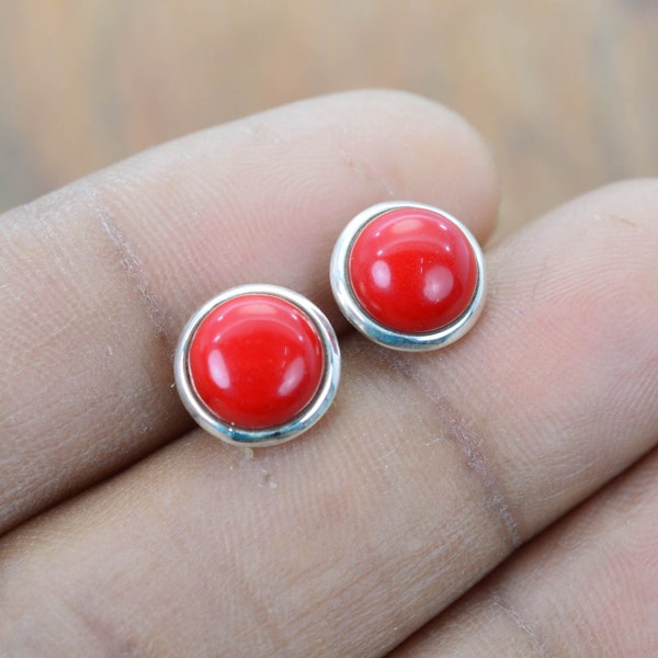 Red Coral 925 Sterling Silver 1 Pair Stud Earring