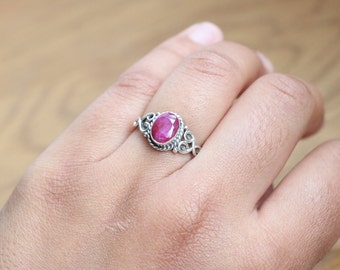 Red Ruby Sterling Silver Ring: Minimalist Oval Gemstone Jewelry