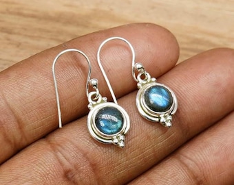 Natural Labradorite 925 Sterling Silver Dangle Earrings, Boho Flashy Round Gemstone Jewelery