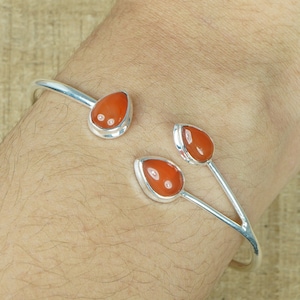 Red Carnelian 925 Sterling Silver Gemstone Adjustable Handmade Bangle ~ July Month Birthstone ~ Gift For Christmas ~ 3 Stone Bangle