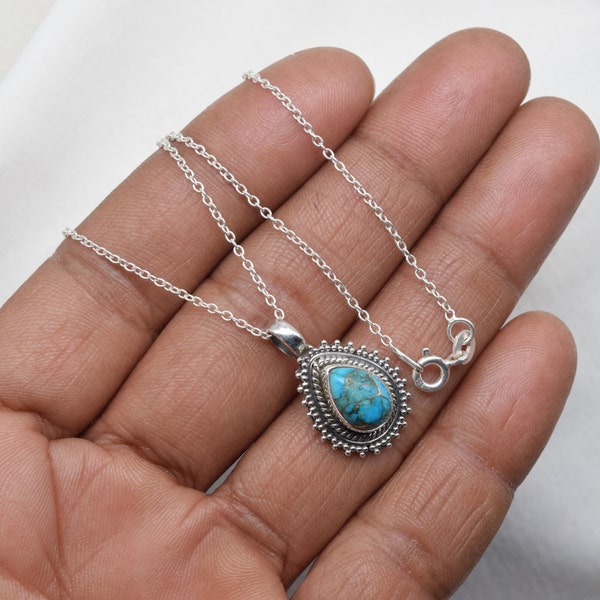 Blue Copper Turquoise 925 Sterling Silver Gemstone Jewelry Pendant w/ or w/o Chain Necklace ~ Handmade Jewelry ~ Gift For Birthday