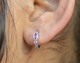 Amethyst 925 Sterling Silver 1 Pair Hoop Earring ~ Natural Purple Amethyst Silver Hoop Earring