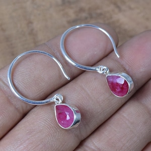Ruby Teardrop Hoop Earrings: 925 Sterling Silver July Birthstone