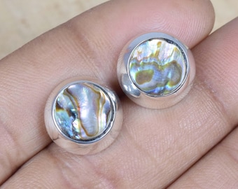 925 Sterling Silver Abalone Shell Round Stud Earrings, Natural Paua Shell Studs