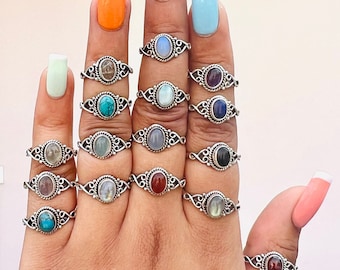 925 Sterling Silver Moonstone / Onyx / Tiger's Eye / Chalcedony / Turquoise / Moonstone / Amethyst Natural Crystal Designer Silver Ring