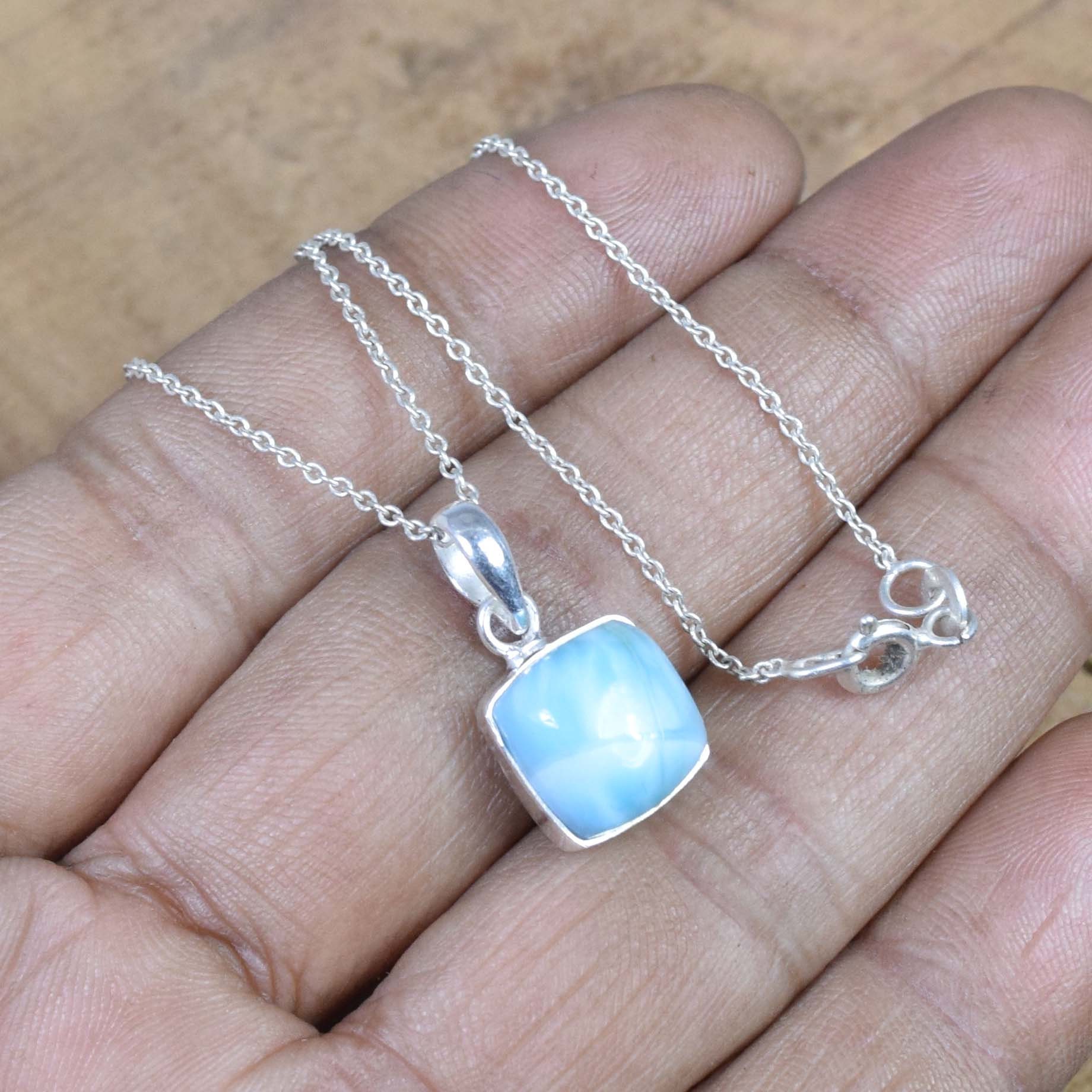 Natural Blue Larimar 925 Sterling Silver Square Shape Gemstone Elegant Pendant w/ or w/o Chain ~ Larimar Stone Necklace ~ Gift For Birthday
