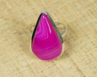 Pink Botswana Agate Ring: Pear Sterling Silver Handmade Jewelry, US Size 6