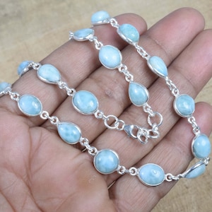Colar com pedras preciosas naturais de prata esterlina 925 Blue Larimar, pulseira conversível ~ Pedra de nascimento de março ~ Joia feita à mão ~ Presente de Natal