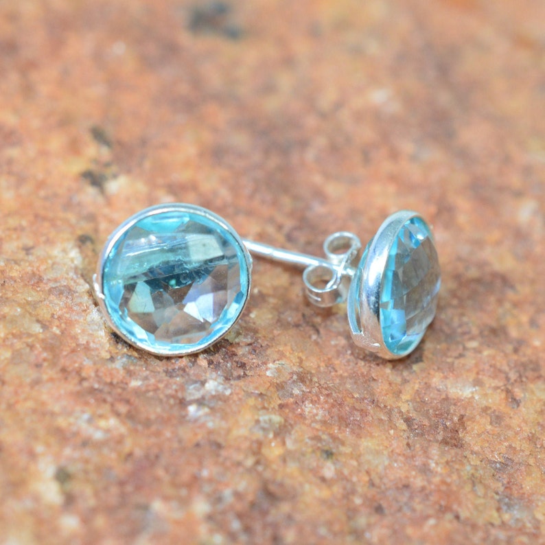 Blue Quartz 925 Sterling Silver Round Shape Stud Earring