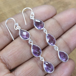 Purple Amethyst Quartz 925 Sterling Silver Faceted Gemstone Hook Earring ~ Handmade Jewelry ~ Gift For Christmas ~ 3 Stone Earring