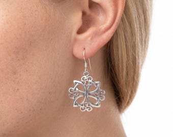 925 Sterling Silver Snowflake Cross Earrings, Statement Dangle Earrings,