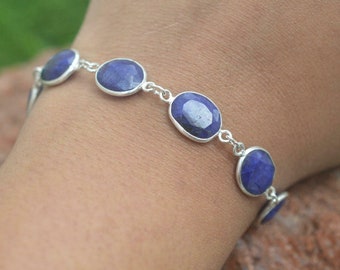 Pulsera ajustable de plata de ley 925 con zafiro azul facetado y piedras preciosas ovaladas